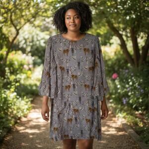 World Market African Safari Antelope Print Gray Bell Sleeve Shift Dress L/XL